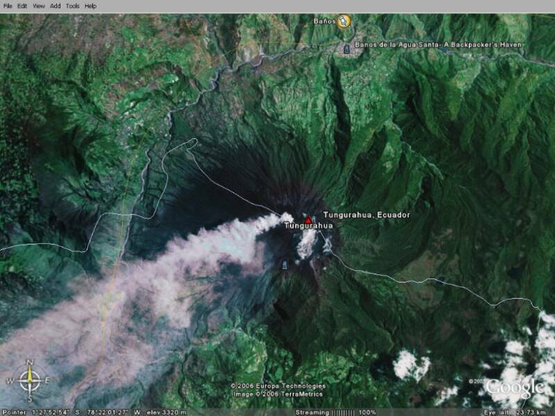 Imagenes del volcán activos Tungurahua Baños con Google Earth